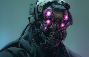 cyberpunk man porträtt trogen neon stil ha på sig en robot headsetet foto