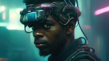 cyberpunk man porträtt trogen neon stil ha på sig en robot headsetet foto
