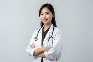 porträtt av en skön ung flicka läkare i en vit täcka. hon utseende vänlig och ler. vit bakgrund. foto