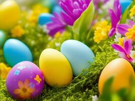 ai genererad. ai generativ - terar färgrik påsk ägg inbäddat i en säng av vibrerande vår blommor foto