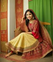 ai genererad. ai generativ - kulturell fusion harmoni - amerikan flicka i bangladeshiska klädsel foto