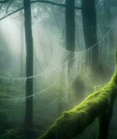 ai genererad. ai generativ - daggig dröm - förtrollade skogens morgon- slöja avtäckt foto