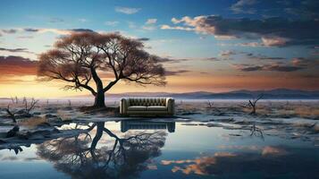 utomhus- soffa under en träd på de vatten av de sjö. ensamhet begrepp foto