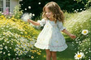 ai genererad. ai generativ - snurrar oskuld - glad flicka mitt i blomning daisy i mysigt trädgård foto