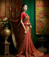 ai genererad. ai generativ - kulturell fusion harmoni - kinesisk skönhet i bangladeshiska saree elegans foto