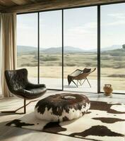 ai genererad. ai generativ - naturlig elegans - lyxig läder stol och organisk kohud matta mitt i naturskön lugn foto
