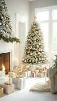 ai genererad. ai generativ - förtjusande jul - en dekorerad träd, mysigt öppen spis, och festlig presenterar i en charmig Hem foto