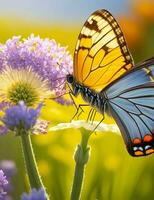 ai genererad. ai generativ - nyckfull balett - fjärilar bland vild i solbelyst äng foto