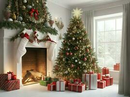 ai genererad. ai generativ - mysigt 3d jul - festlig träd, öppen spis, och presenterar i en charmig hus foto
