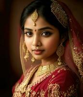 ai genererad. ai generativ - bangladeshiska brud- skönhet - en fängslande porträtt av tradition och elegans foto