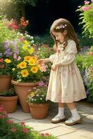 ai genererad. ai generativ - trädgård av oskuld - ung flickans anbud vård mitt i solkysst salighet foto