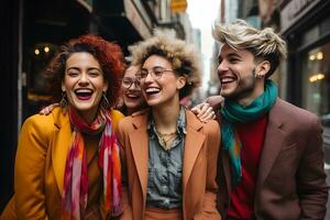 Lycklig modern vänner grupp leende medan gående i de stad. vänskap, livsstil begrepp. ai generativ foto