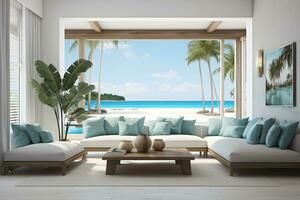 hav se levande rum med bekväm soffa, vit vägg, tropisk växter i lyx strand hus, modern villa Hem interiör, tropisk tillflykt koncept. generativ ai foto