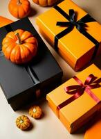 gåva lådor i orange med band och pumpor på svart bakgrund.. generativ ai foto