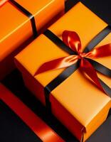 gåva lådor i orange med band och pumpor på svart bakgrund.. generativ ai foto