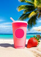 rosa kopp av jordgubb milkshake i en glas på de strand. på sandig strand med handflatan träd generativ ai foto