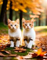två katter på de höst löv bakgrund. söt pott. foto