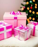 rosa gåva lådor med rosa band på de bakgrund av de jul träd generativ ai foto