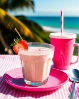 rosa kopp av jordgubb milkshake i en glas på de strand. på sandig strand med handflatan träd generativ ai foto