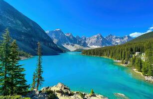 morän sjö, banff nationell parkera i de klippig berg, alberta, kanada foto