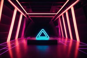 3d framställa. geometrisk figur i neon ljus mot en mörk tunnel. laser glöd.. ai genererad foto