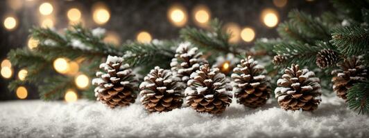 jul dekoration baner - snöig tall koner på gran gren med lampor. ai genererad foto