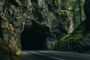 ingång till bil tunnel i klippig berg. generativ ai foto