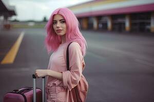 ung kvinna med rosa hår och en resväska på de tåg station eller på de flygplats. ai genererad. foto