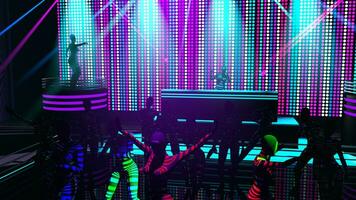 grupp av kvinnor i färgad bar kostymer dans i en disko med färgad punkt skärm. 3d illustration foto