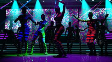 grupp av kvinnor i färgad bar kostymer dans i en disko med färgad punkt skärm. 3d illustration foto