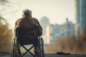 äldre man i en rullstol på de bakgrund av de stad, ett gammal man är Sammanträde i en rullstol på en promenad i de stad, bak- se, ai genererad foto