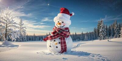 glad jul och Lycklig ny år hälsning kort med copy-space.happy snögubbe stående i jul landskap.snö bakgrund.vinter saga.. ai genererad foto