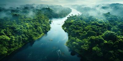 generativ ai, grön skön Amazon djungel landskap med träd och flod, Drönare se foto