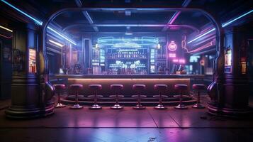 generativ ai, cyberpunk stil bar eller Kafé. natt scen av stor stad, trogen nostalgisk 80-tal, 90-tal. neon lampor vibrerande färger, fotorealistisk horisontell illustration. foto