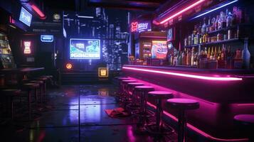 generativ ai, cyberpunk stil bar eller Kafé. natt scen av stor stad, trogen nostalgisk 80-tal, 90-tal. neon lampor vibrerande färger, fotorealistisk horisontell illustration. foto