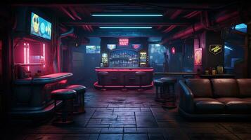 generativ ai, cyberpunk stil bar eller Kafé. natt scen av stor stad, trogen nostalgisk 80-tal, 90-tal. neon lampor vibrerande färger, fotorealistisk horisontell illustration. foto