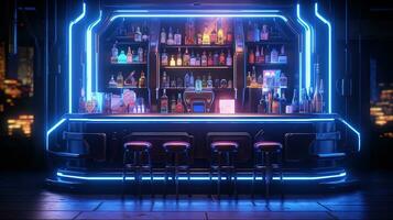 generativ ai, cyberpunk stil bar eller Kafé. natt scen av stor stad, trogen nostalgisk 80-tal, 90-tal. neon lampor vibrerande färger, fotorealistisk horisontell illustration. foto