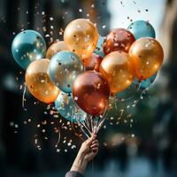 knippa av färgrik ballonger i hand, på bröllop, födelsedag och Övrig Lycklig firande. bra för företag, tapet, dekoration, inspiration, hemsida, fest. ai generativ begrepp foto