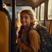 liten unge skola flicka och buss. generativ ai foto