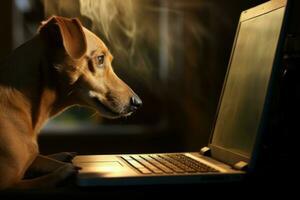 nyfiken hund ser bärbar dator. generera ai foto