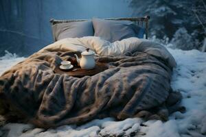 värma kaffe kopp vinter- säng par. generera ai foto