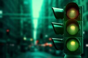 upplyst stad grön trafik ljus gata. generera ai foto