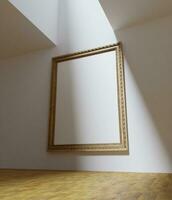 enkel minimalistisk av en årgång trä- ram attrapp hängande på de vit vägg i de konst Galleri museum foto