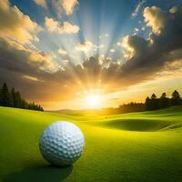 golf bollar i en omfattande äng med exotisk naturlig skönhet och solnedgång objekt, bra för sporter, webbplatser, hobbyer, bloggar, företag, företag etc. ai genererad bild begrepp foto