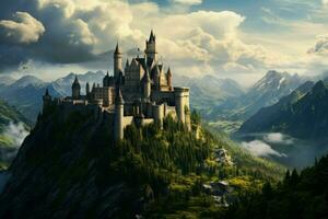 mystisk slott medeltida berg. generera ai foto
