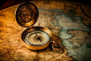 kompass resa Karta äventyr. generera ai foto