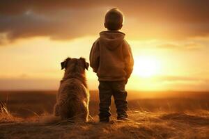 lugn barn flicka vänlig hund solnedgång. generera ai foto