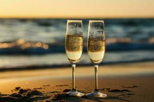 gnistrande champagne glasögon strand. generera ai foto