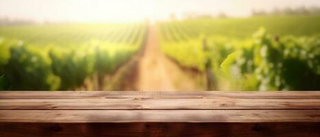 generativ ai. sommar vingård vibrafon tömma trä- tabell omgiven förbi vindruvor och suddig bakgrund foto