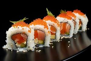 sushi rulla med lax, avokado och kaviar på svart bakgrund, konstnärlig rekreation sushi rullar med lax och vit ris med en punktlig ljus, ai genererad foto